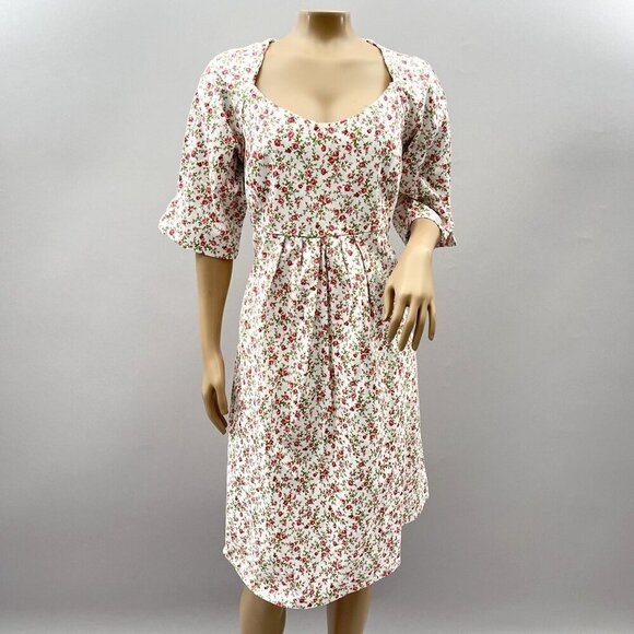 Vintage Handmade Floral Dress White & Pink Pleated Cottage Garden Scoop S/M - Picture 1 of 10